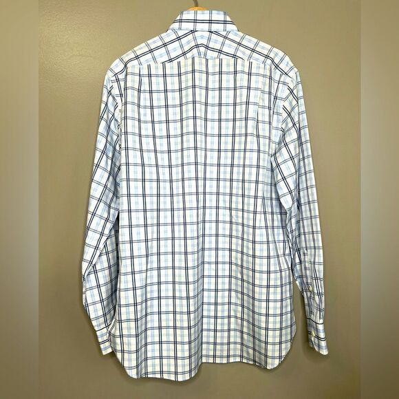 Peter Millar nanoluxe white blue checkered print long sleeve button up shirt 16L - Picture 2 of 6
